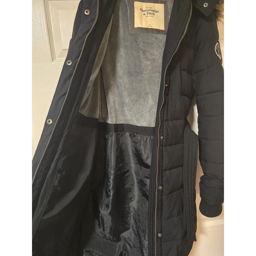 Abercrombie & Fitch Long Down Parka Puffer Coat Hood Fur coat W/belt Small Black